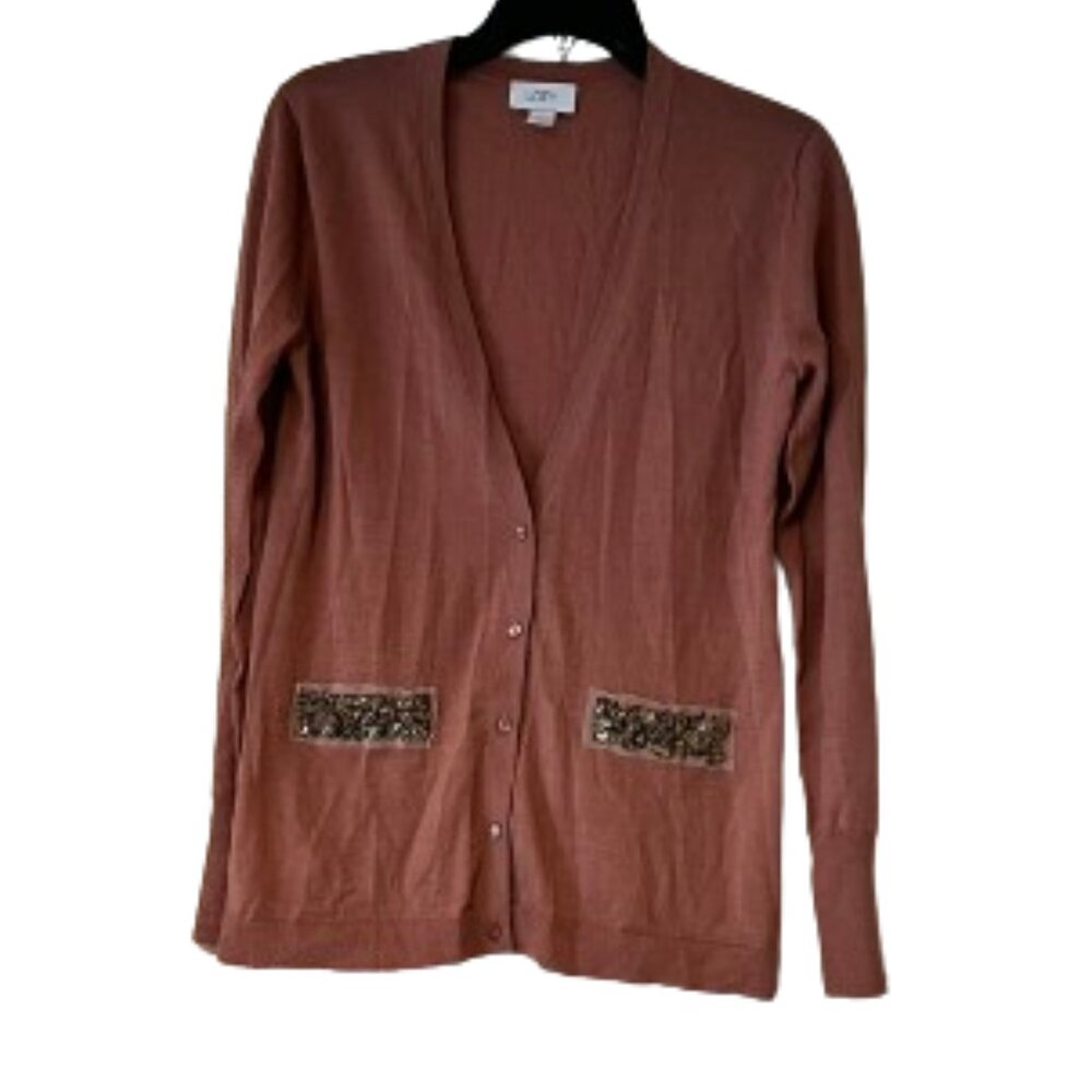 Loft Dusty Pink Cardigan Sweater - 70% Wool - Embellished Faux Pockets - Medium